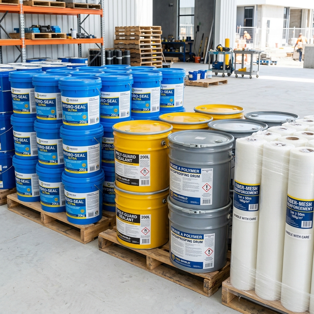 Genuine Dr. Fixit Roofseal and fiber mesh stock at a P.S. Waterproofing Solutions site